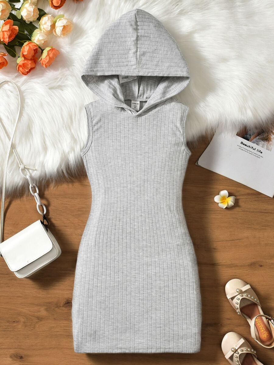 SHEIN Đầm Gái Gân đan màu trơn Giải trí - Xám - Xem 1