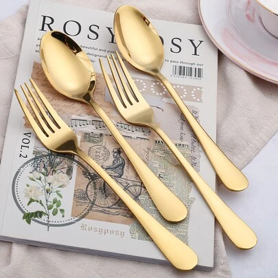 4件套不锈钢勺子和叉子，简约金色餐具套装，适用于厨房、厨房、圣诞礼物、学校用品