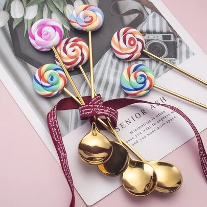 4 linguri reutilizabile din oțel inoxidabil, linguriță lavabilă pentru cină cu detalii creative cu acadele, bucătărie, cadou de Crăciun, rechizite școlare