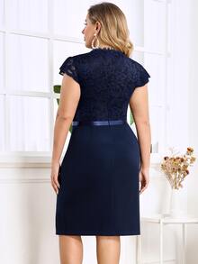 MIUSOL Plus Sheer Floral Lace Bodice Ruffle Draped Cocktail Party Split Hem Dress - Navy Blue - View 2