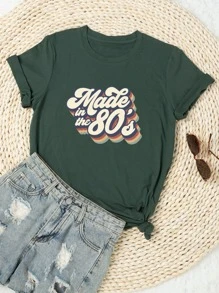 SHEIN LUNE Plus Slogan Graphic Tee, Made In The 80's, Summer - Dark Green - View 1