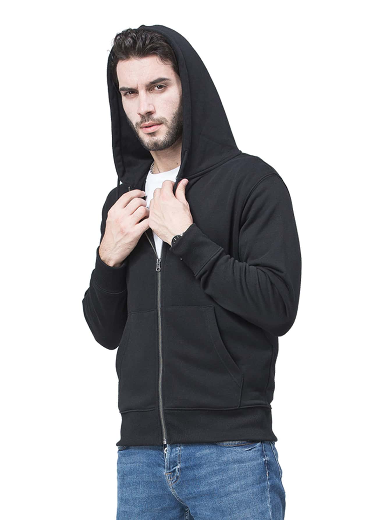 Men Zip Up Hooded Sports Sweatshirt - Black - View 1