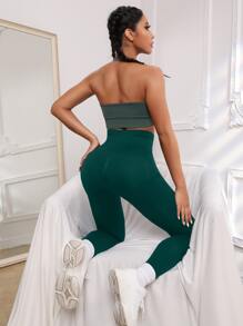 SHEIN Yoga Basic 無縫收復運動打底褲 - 墨綠色 - 查看 4