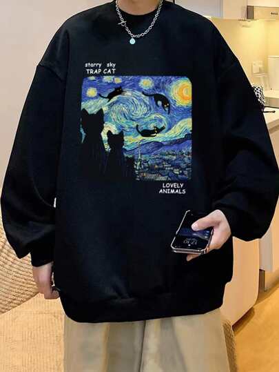 Sudadera informal de cuello redondo con estampado de letras y gráficos, manga larga, para hombre, color negro, ideal como regalo para amigos, esposo o novio, diseño de noche estrellada, otoño