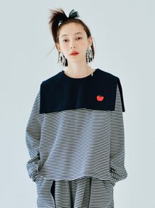 Camiseta 2 en 1 con estampado de rayas manzana con bordado - Azul y blanco - Ver 1