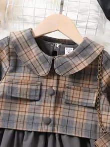 Young Girl Plaid Print Jacket & Contrast Piping Dress - Multicolor - View 3