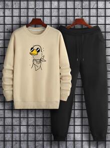 ROMWE MEN Guys Cartoon Graphic Sweatshirt & Sweatpants - Multicolor - View 1