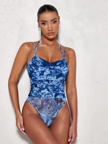 SHEIN BAE Floral Print Tie Backless Ruched Bodysuit - Blue - View 3