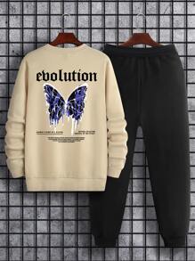 ROMWE MEN Guys Slogan And Butterfly Print Sweatshirt & Sweatpants - Multicolor - View 1