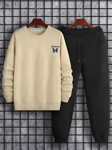 ROMWE MEN Guys Slogan And Butterfly Print Sweatshirt & Sweatpants - Multicolor - View 2