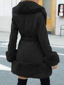Women's Fall/Winter Belted Wool Coat With Faux Fur Trim - Casual Outerwear Jacket For Ladies - Black - View 2
