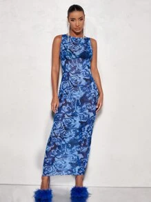 SHEIN BAE Allover Print Lettuce Trim Mesh Bodycon Dress - Blue - View 1