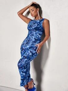 SHEIN BAE Allover Print Lettuce Trim Mesh Bodycon Dress - Blue - View 3