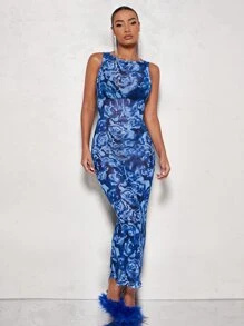 SHEIN BAE Allover Print Lettuce Trim Mesh Bodycon Dress - Blue - View 4