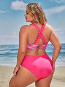 Swim Vcay Conjunto de bikini de talla grande con estampado de tie-dye y espalda entrecruzada para verano en la playa - Rosa Fucsia - Ver 2