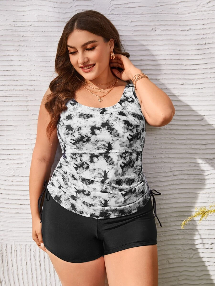 Plus Size Tie Dye Drawstring Tankini Summer Beach - Multicolor - View 1
