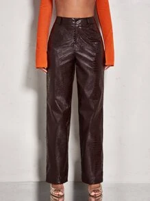 SHEIN BAE Crocodile Embossed Straight Leg Trousers - Coffee Brown - View 1