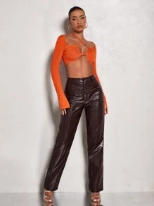 SHEIN BAE Crocodile Embossed Straight Leg Trousers - Coffee Brown - View 3