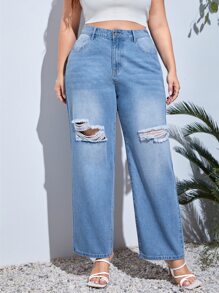 Plus High Waist Ripped Straight Leg Jeans - Light Wash - View 1