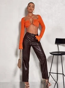 SHEIN BAE Crocodile Embossed Straight Leg Trousers - Coffee Brown - View 5