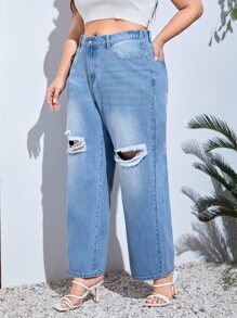 Plus High Waist Ripped Straight Leg Jeans - Light Wash - View 3