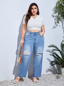Plus High Waist Ripped Straight Leg Jeans - Light Wash - View 4
