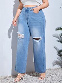 Plus High Waist Ripped Straight Leg Jeans - Light Wash - View 5