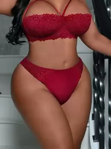 Plus Floral Lace Panty - Burgundy - View 1