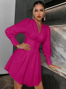 Glamaker Lantern Sleeve Fold Pleat Curved Hem Dress - Hot Pink - View 1