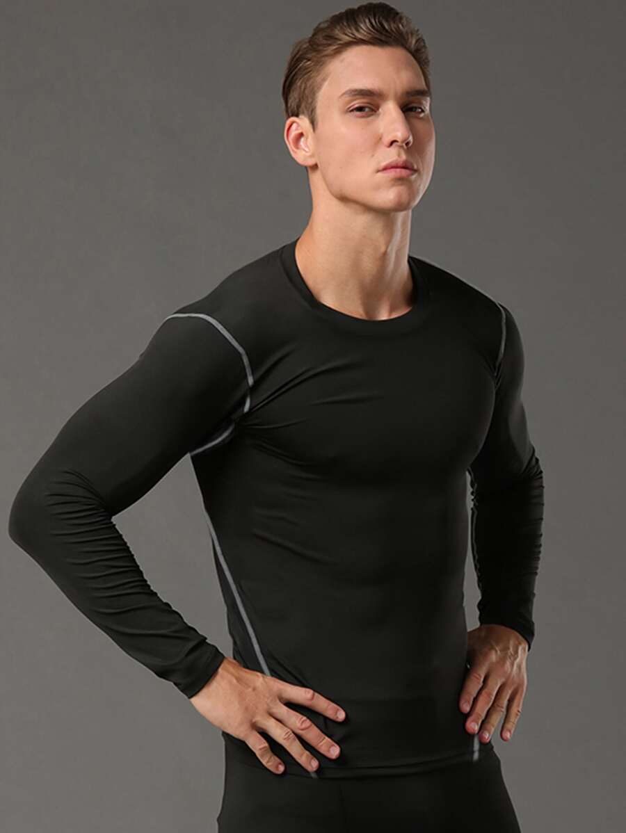 Fitness Men Contrast Top-Stitching Sports Tee,Men Compression Top Men Compression Shirtcompression Shirt Menblack Compression Shirtcompression Shirtlong Sleeve Compression Shirt - Black - View 1