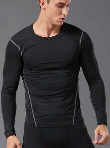 Fitness Men Contrast Top-Stitching Sports Tee,Men Compression Top Men Compression Shirtcompression Shirt Menblack Compression Shirtcompression Shirtlong Sleeve Compression Shirt - Black - View 3