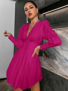 Glamaker Lantern Sleeve Fold Pleat Curved Hem Dress - Hot Pink - View 3