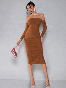 SHEIN BAE Đầm Xù Dây kéo màu trơn Thanh lịch - màu nâu - Xem 5