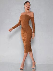 SHEIN BAE Đầm Xù Dây kéo màu trơn Thanh lịch - màu nâu - Xem 6