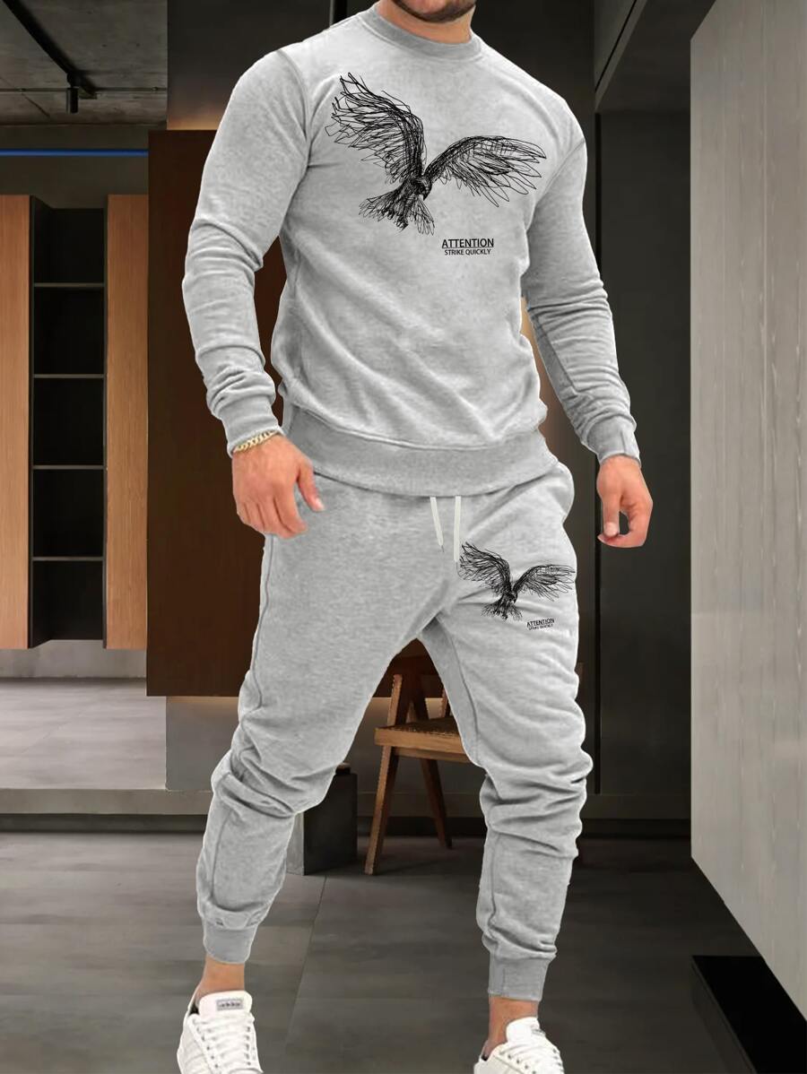 Manfinity LEGND 男士老鷹印花運動衫和腰部抽繩衛褲 - 灰色 - 查看 1