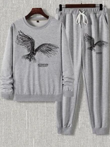 Manfinity LEGND 男士老鷹印花運動衫和腰部抽繩衛褲 - 灰色 - 查看 3