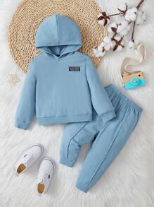 SHEIN 男嬰字母補丁細節連帽衫和接縫細節衛褲 - 淺藍色 - 查看 1