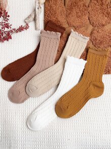 5雙兒童蕾絲修邊純色中筒襪,適用於春秋戶外活動 - 彩色 - 查看 2