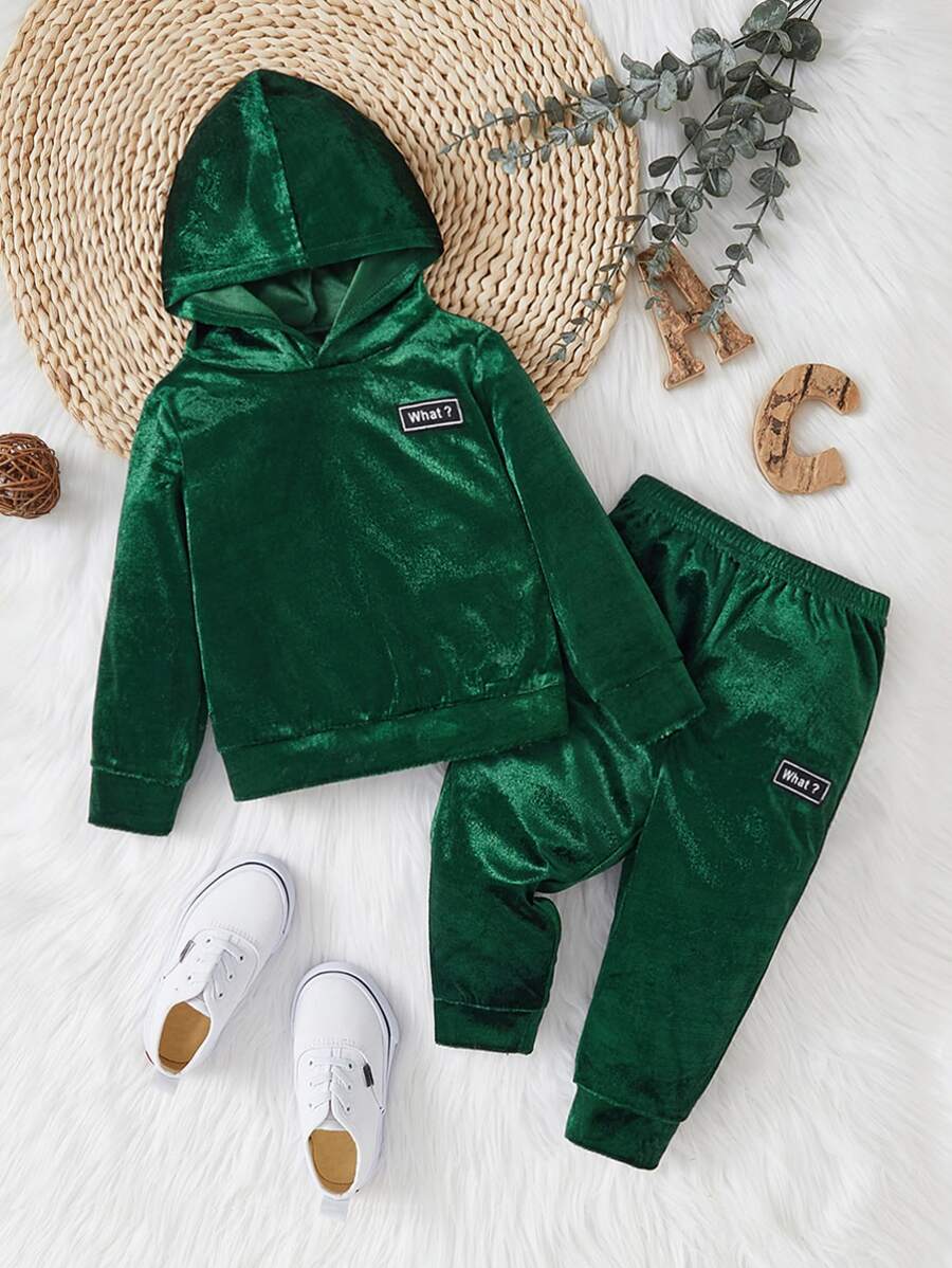 SHEIN 婴幼儿男童连帽加厚羊毛衫和裤子套装 - 墨綠色 - 查看 1