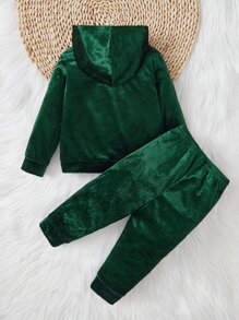 SHEIN 婴幼儿男童连帽加厚羊毛衫和裤子套装 - 墨綠色 - 查看 2