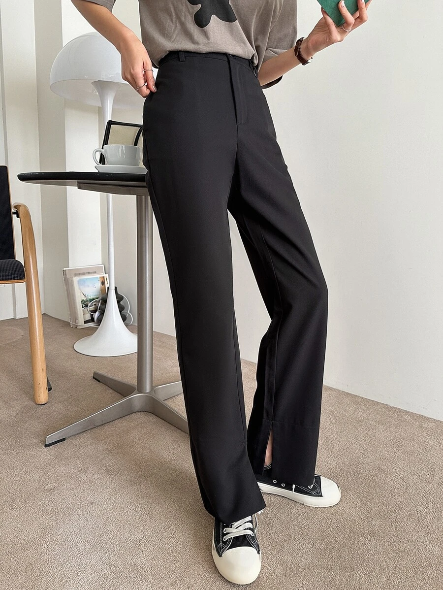 DAZY High Waist Split Hem Suit Trousers - Black - View 1