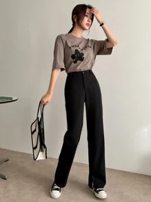 DAZY High Waist Split Hem Suit Trousers - Black - View 4