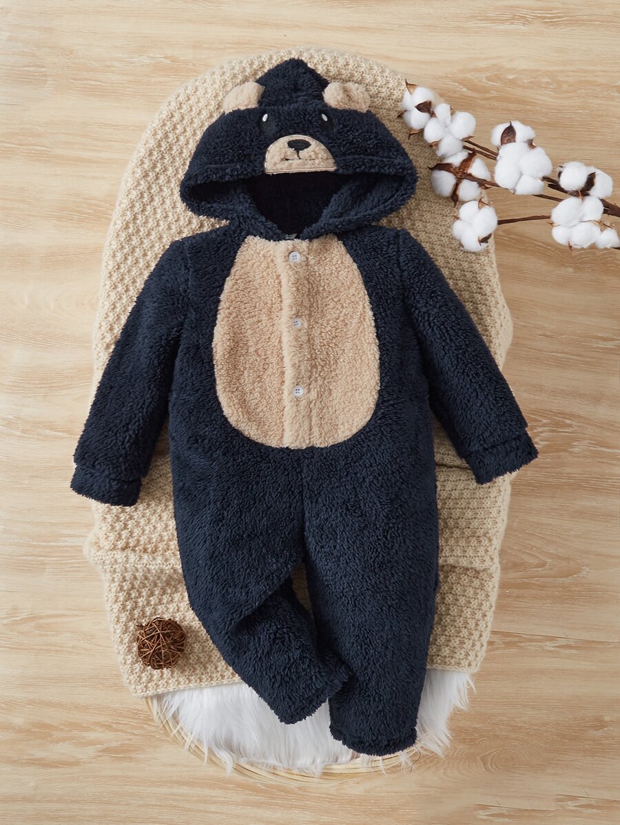 SHEIN Baby Boy Colourblock 3D Ears Design Hooded Teddy Jumpsuit - Navy Blue - View 1