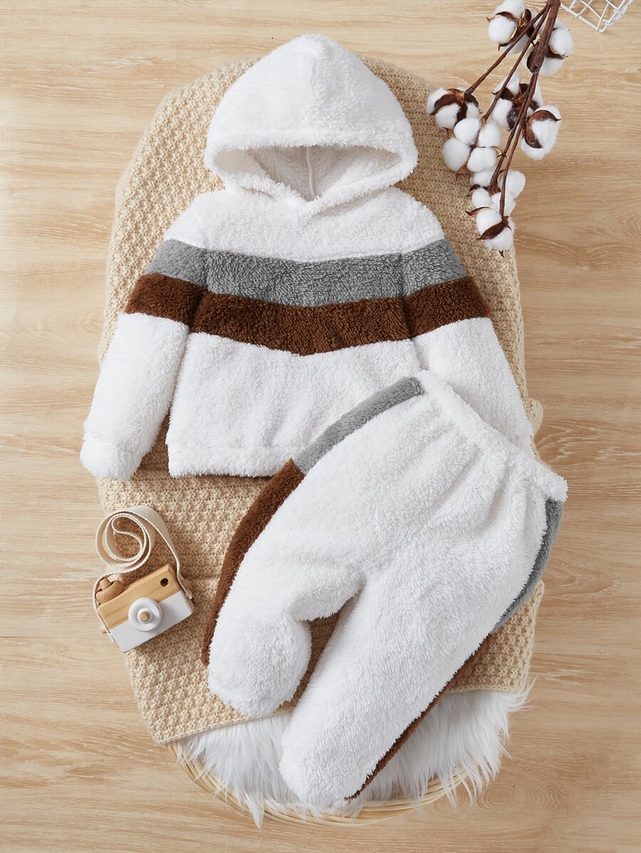 SHEIN 男嬰撞色毛絨帽衫和褲子