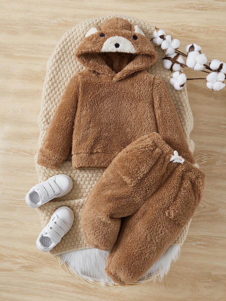 SHEIN Baby 3D Ears Design Teddy Hoodie & Trousers - Brown - View 1