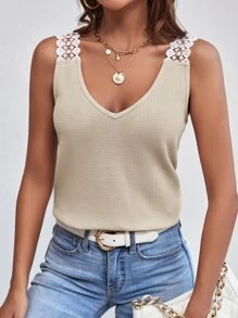 SHEIN Frenchy Guipure Lace Panel Waffle Knit Tank Top Summer Casual - Apricot - View 6