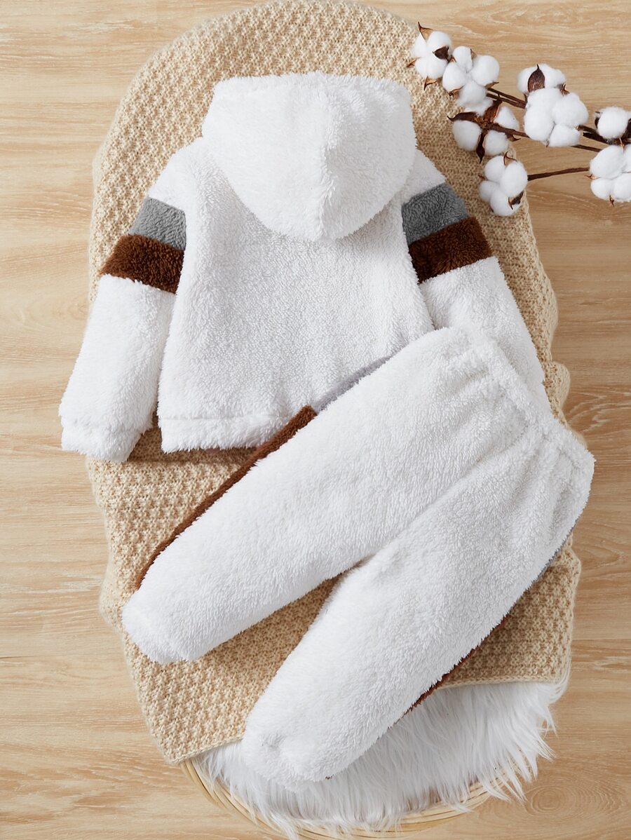 SHEIN Baby Boy Color Block Teddy Hoodie & Pants SHEIN USA