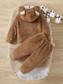 SHEIN Baby 3D Ears Design Teddy Hoodie & Trousers - Brown - View 2