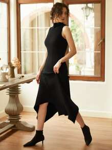 Knit Mix High Neck Asymmetrical Hem Jumper Dress - Black - View 1