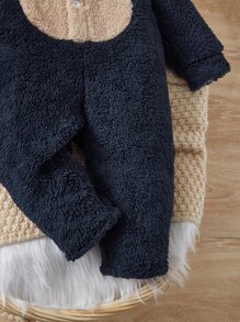 SHEIN Baby Boy Colourblock 3D Ears Design Hooded Teddy Jumpsuit - Navy Blue - View 4